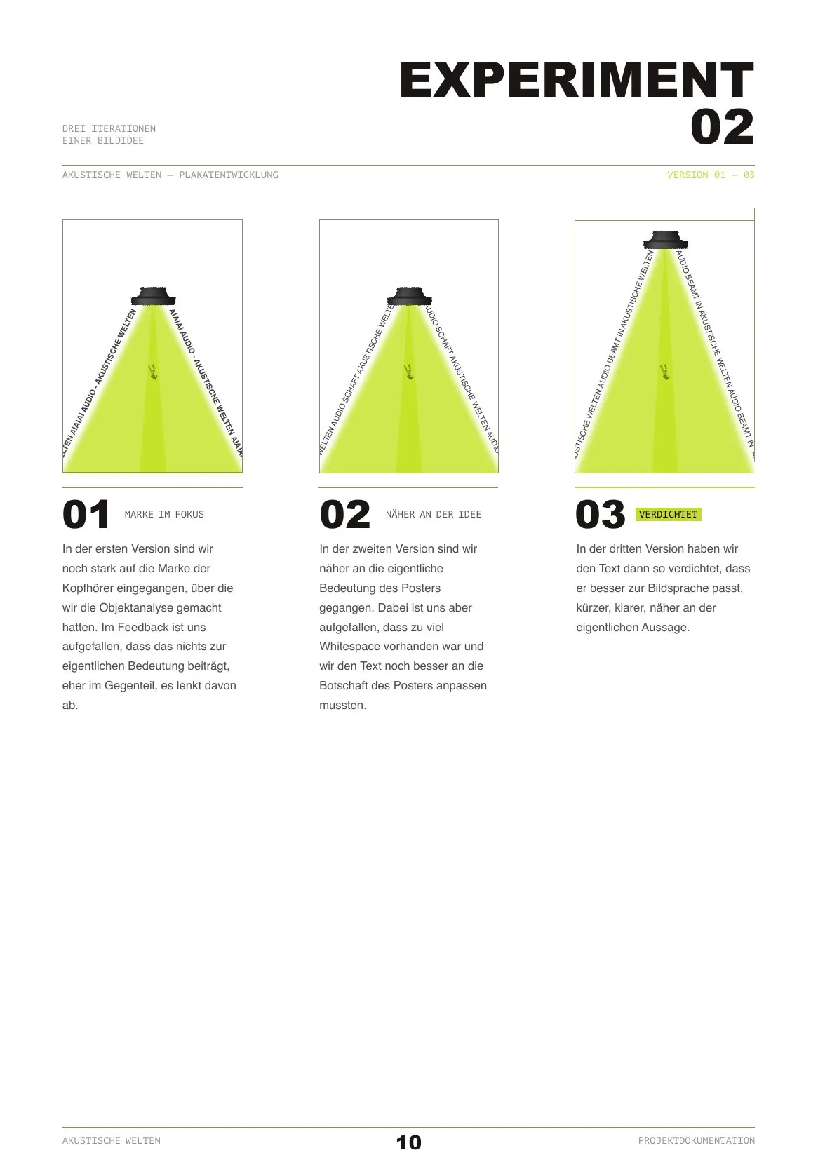 Book page showing three poster versions side by side, each with a green beam, numbered 01 to 03 with a short note under each