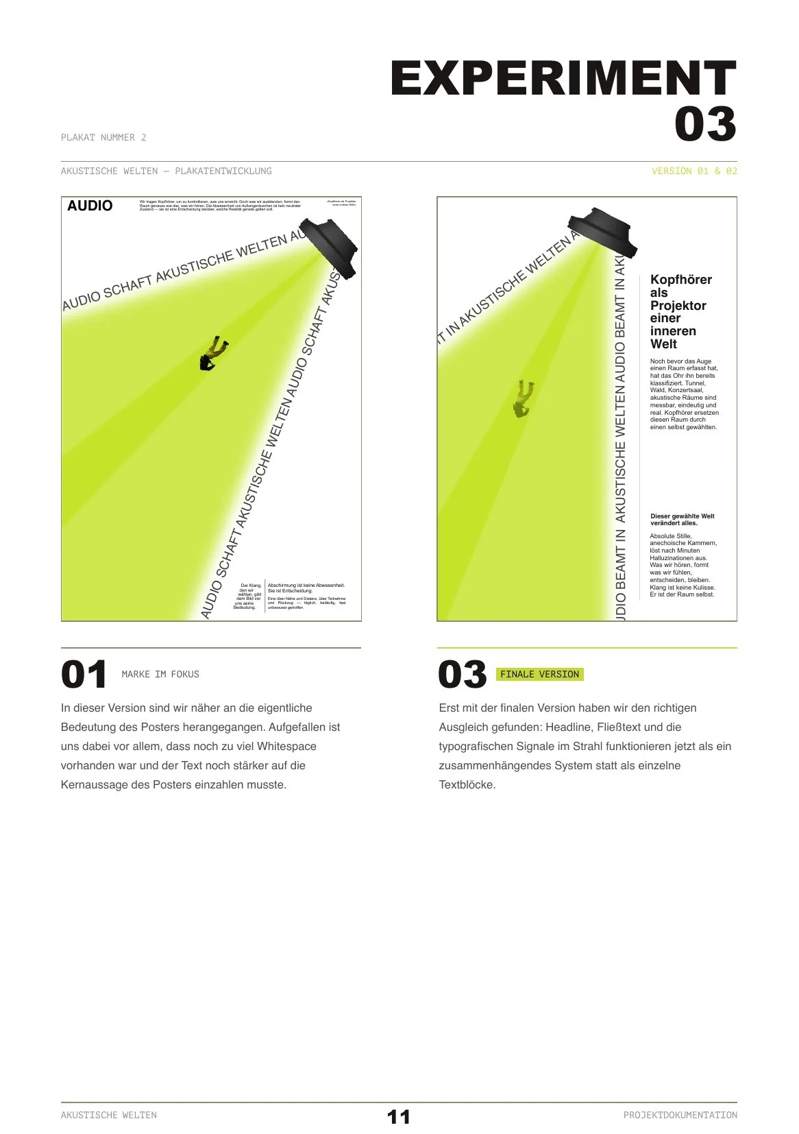 Book page with two larger poster versions: a diagonal beam with running text, and the final poster with headline and two text blocks in a right-hand column
