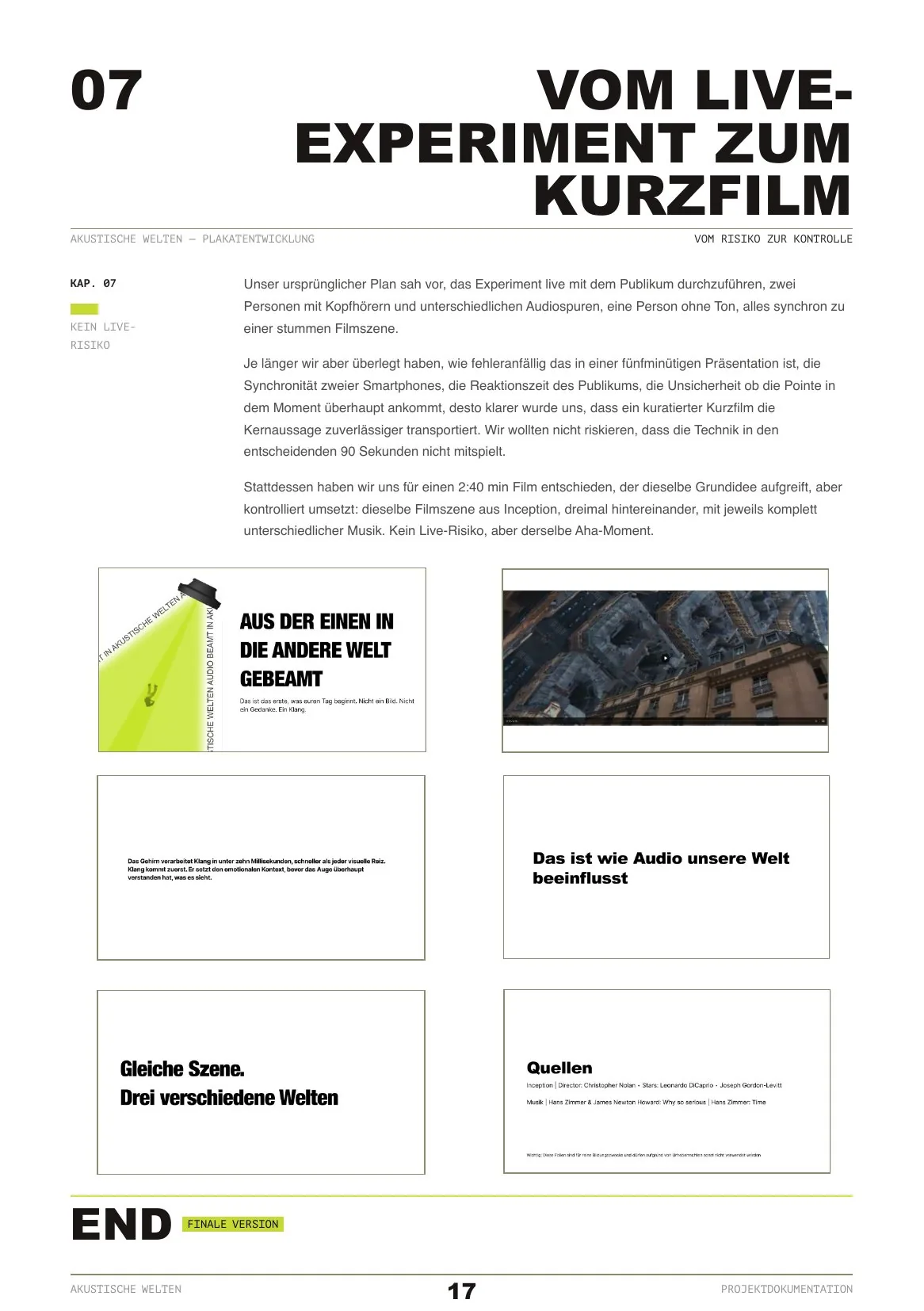 Book page explaining the switch from a live audio experiment to a short film, with six film slides underneath