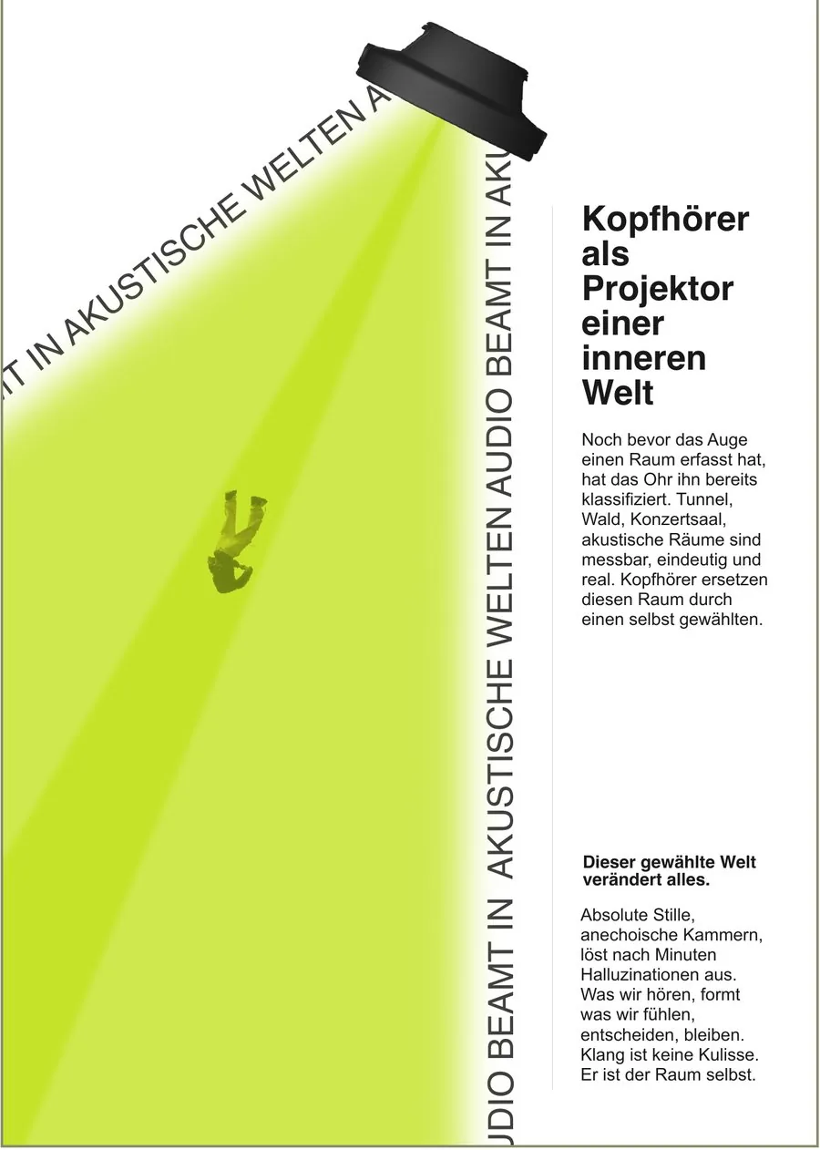 The final poster: a headphone as a projector, throwing a green beam diagonally across the sheet with a falling figure inside it, headline and two text blocks along the right edge