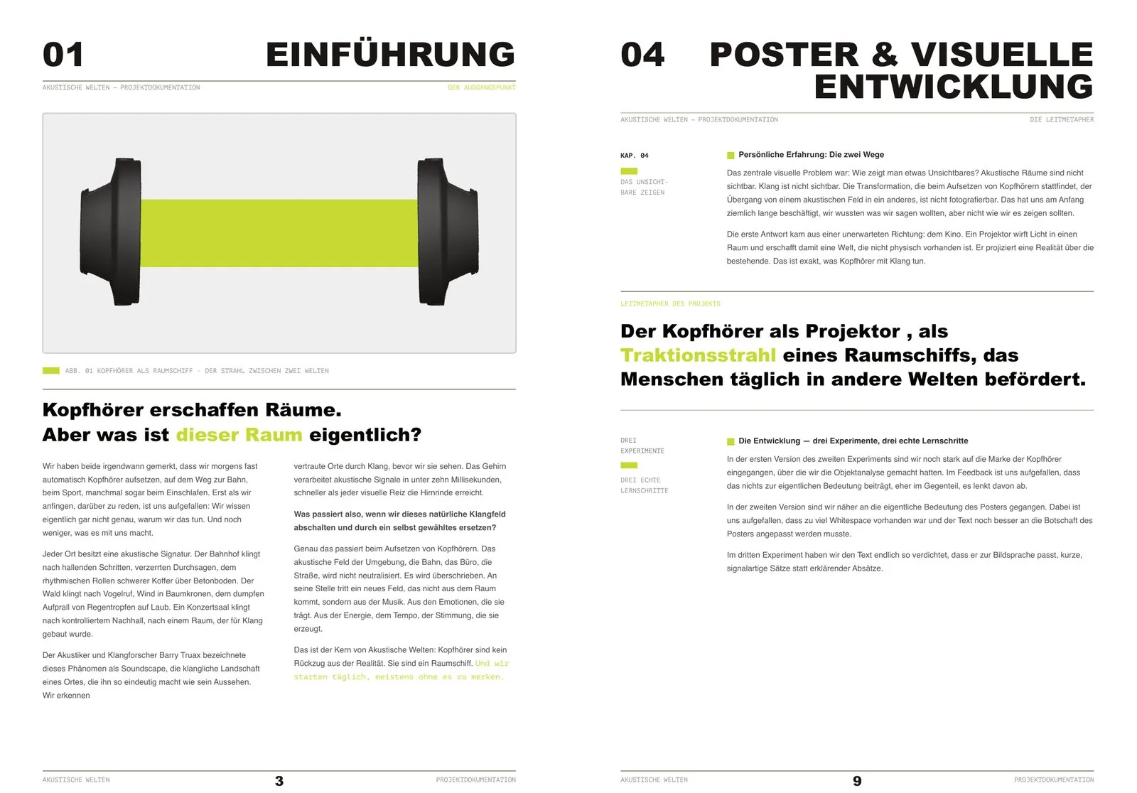 Two book pages side by side: the introduction with a headphone shown as a beam between two ear cups, and the poster chapter carrying the project’s guiding metaphor in large type