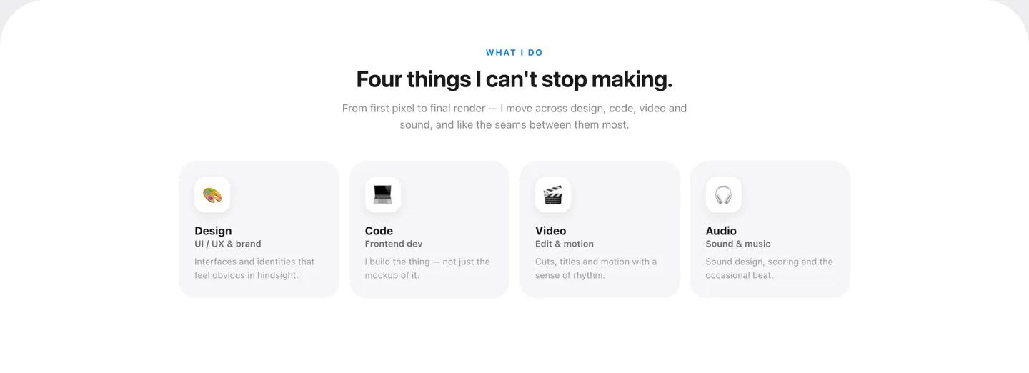 v3 “What I do” section: four equal cards in a fixed four-column grid