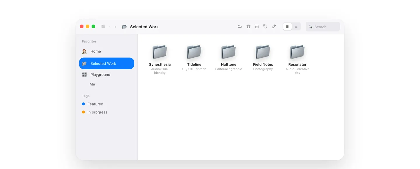 v3 work browser: a simulated macOS Finder window with folder icons and a large empty pane