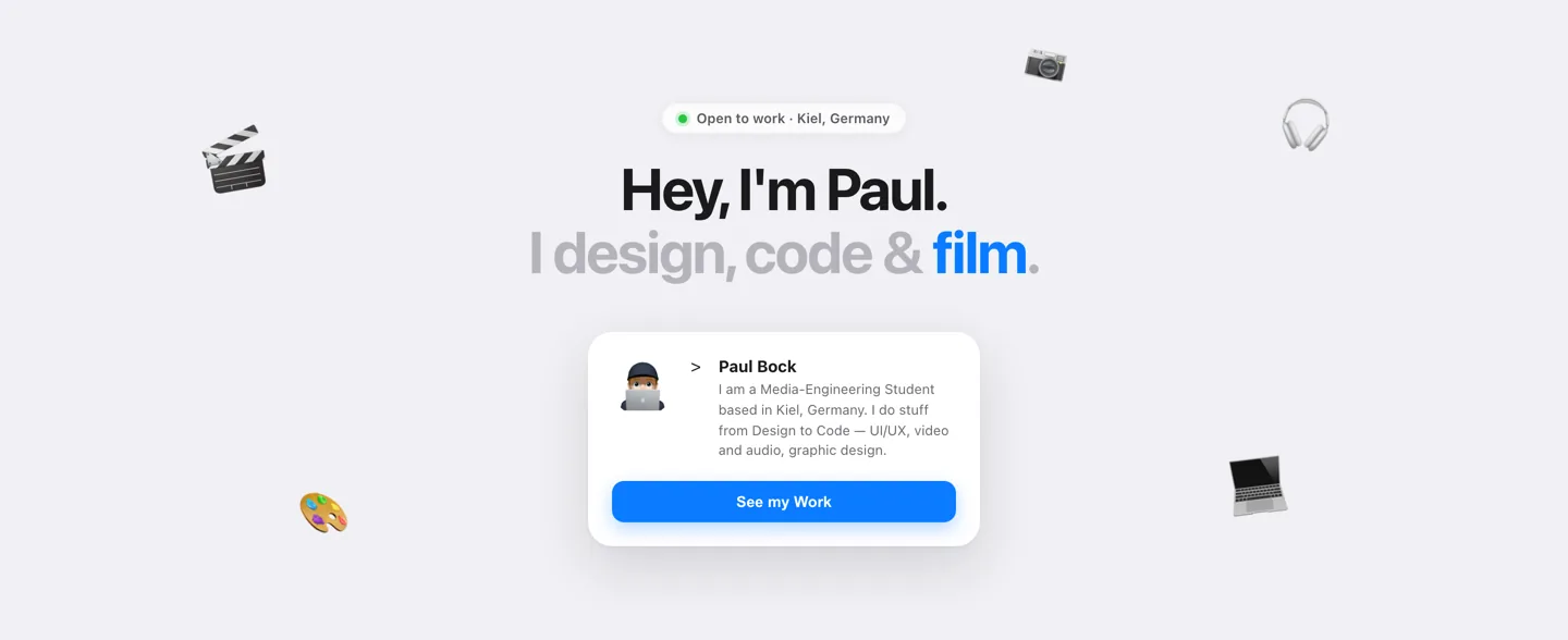 v3 hero: centred headline, floating emoji, a 360px profile card and a blue button