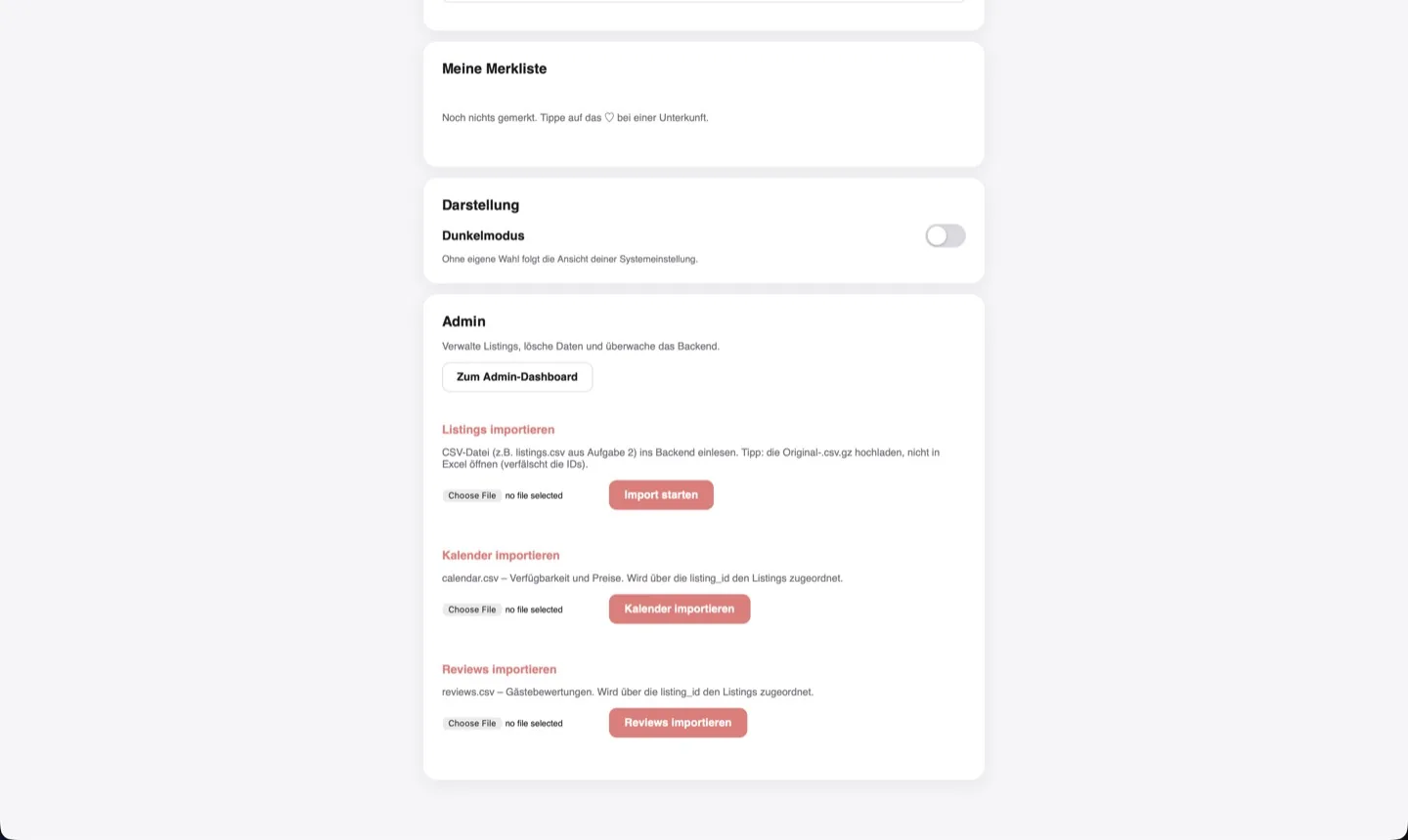 Profile page: dark-mode toggle and an admin block with CSV import forms for listings, calendar and reviews