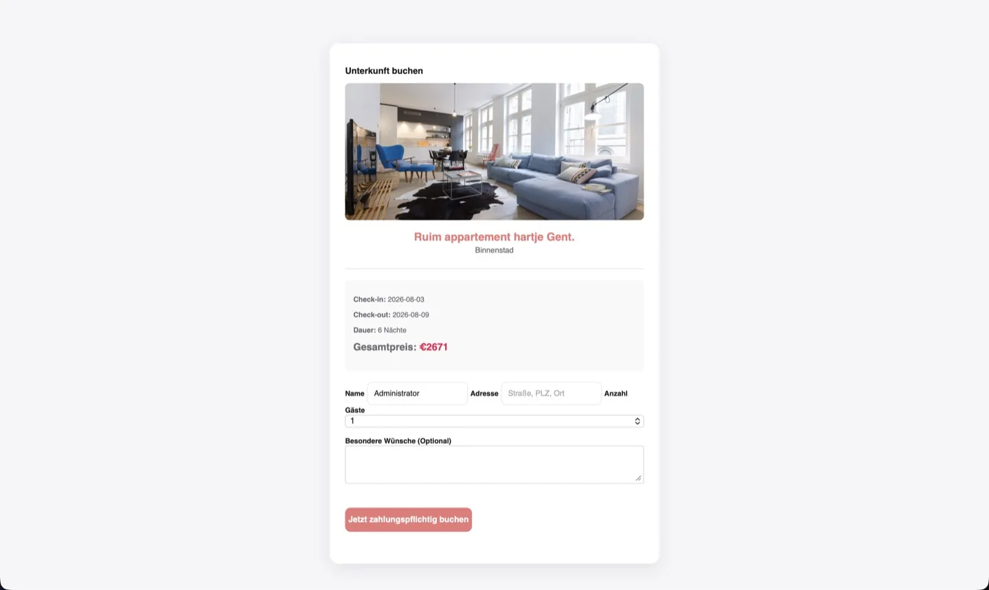 Booking form: listing recap, check-in and check-out, total price, name and address fields, guest count and a requests box