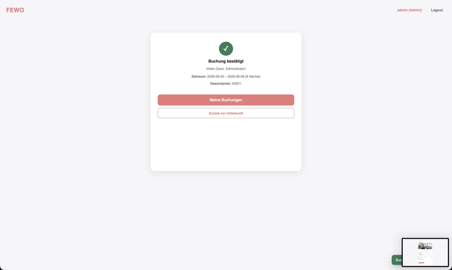 Booking confirmation: green check, dates, nights and total price, with buttons to bookings or back to the listing