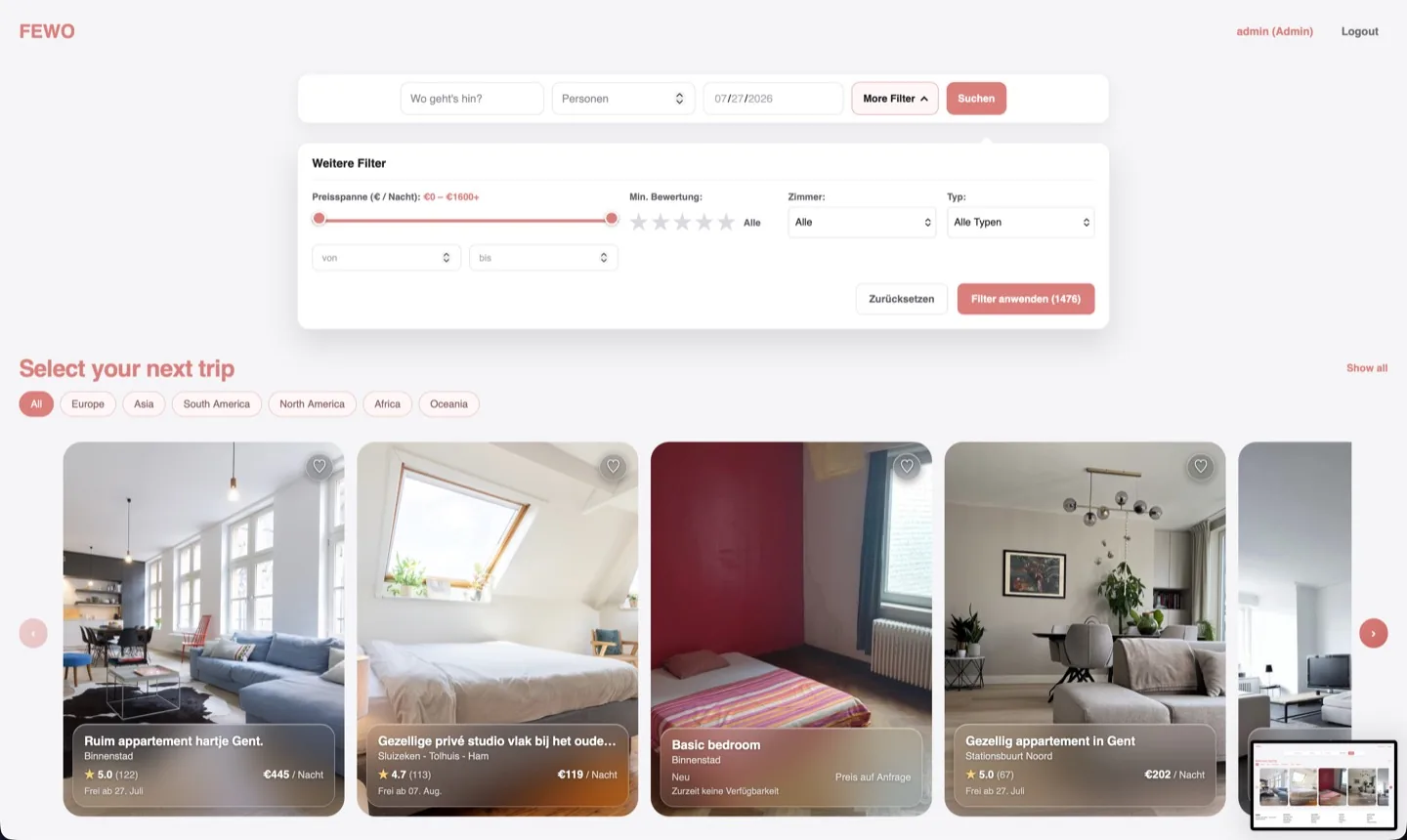 The More Filter popover: price range slider, minimum rating stars, rooms and type selects, and an apply button showing 1476