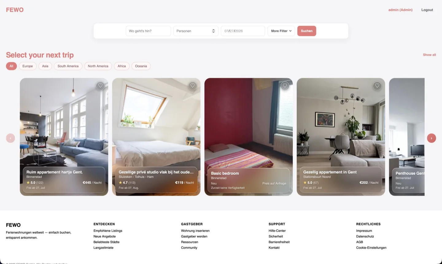 FEWO landing page: a search bar over a horizontal carousel of listing cards grouped by continent