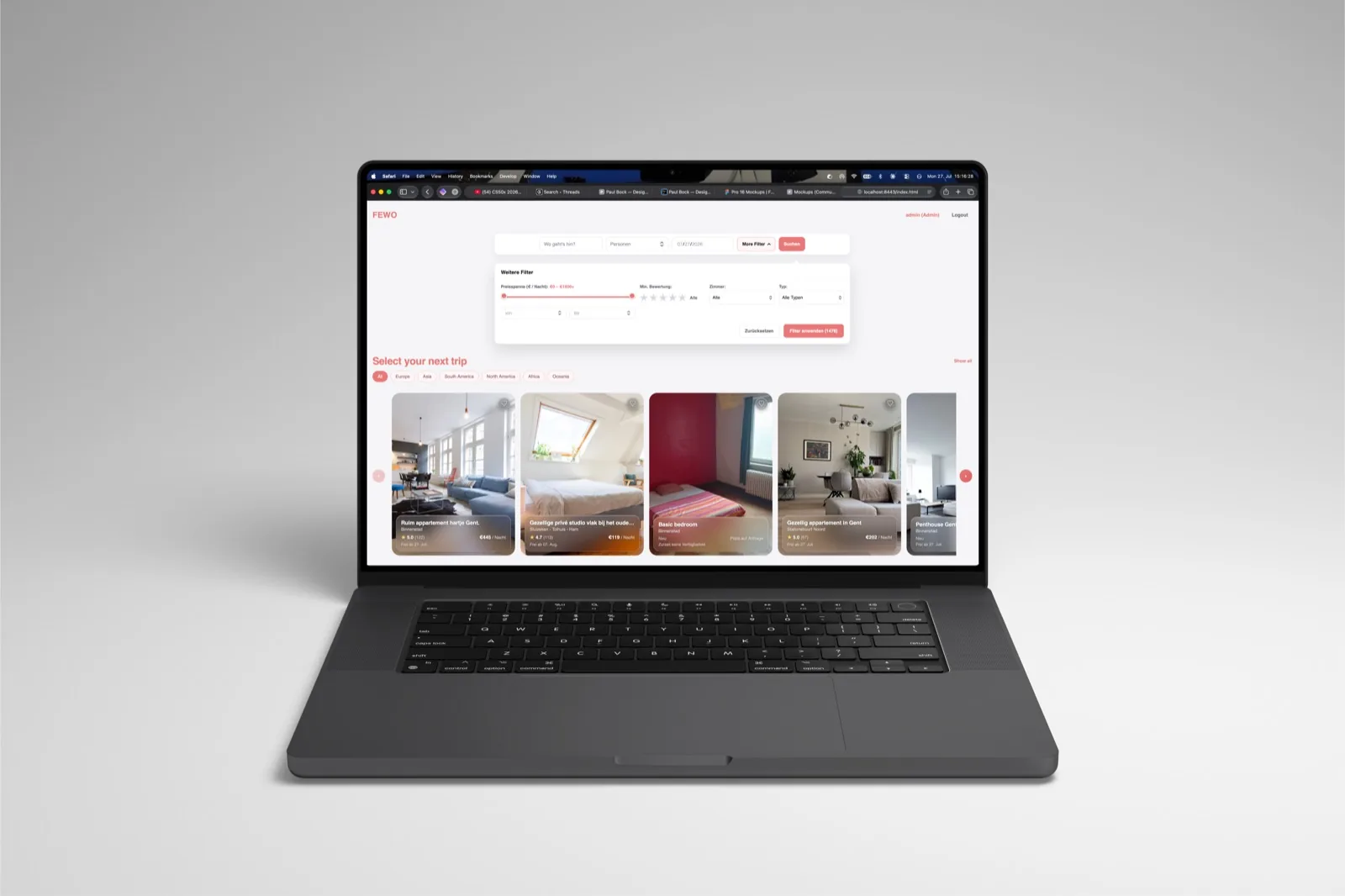 FEWO running in a browser on a laptop: search bar with the filter panel open, over the listing carousel